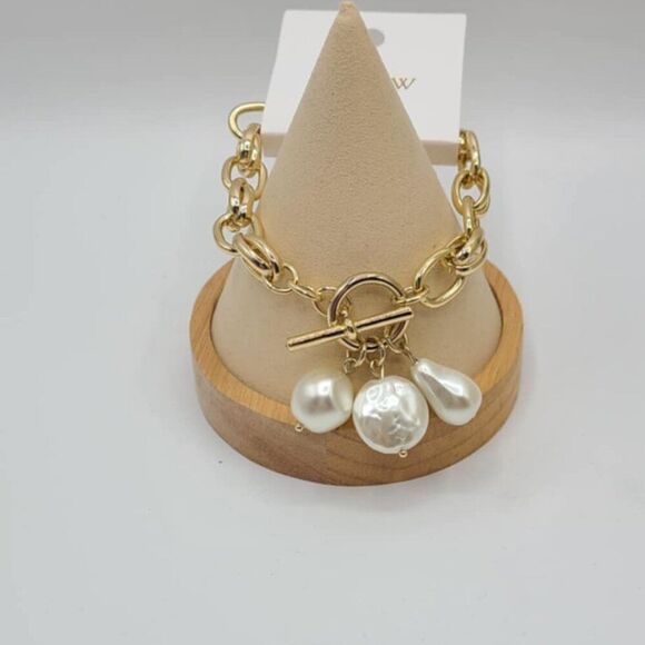 J Crew Factory Gold Tone Toggle Bracelet with Faux Pearl NWT! NEW! Chunky - Picture 6 of 9